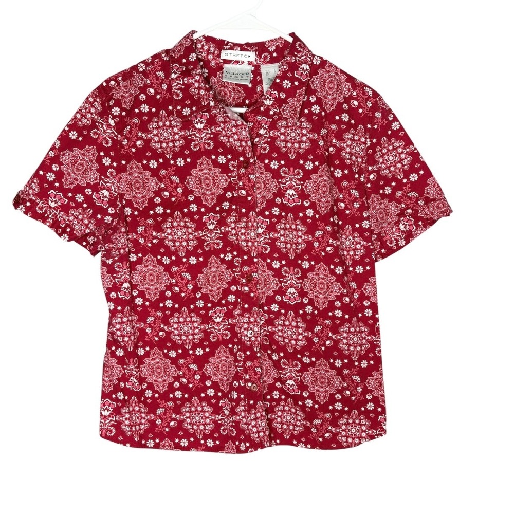 Vintage Villager Y2K Sport Womens Button Up Shirt Large Red Paisley Floral Boho